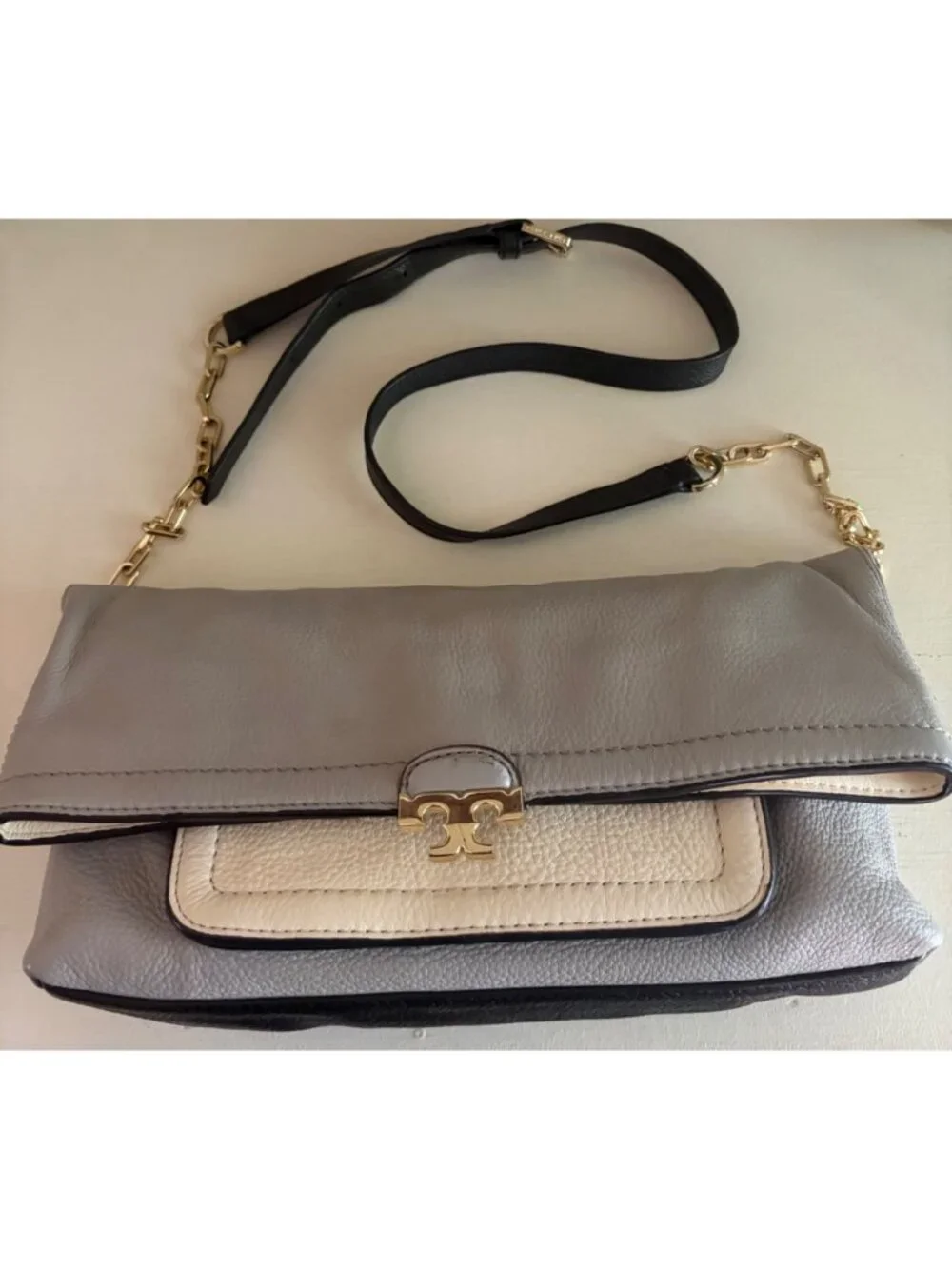 Tory Burch Fold-Over Sammy Multi-Colored Leather Crossbody Bag Gray Cream
